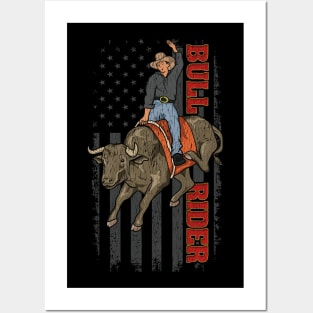 Vintage American Flag Bull Riding Gift Rodeo Bull Rider Posters and Art